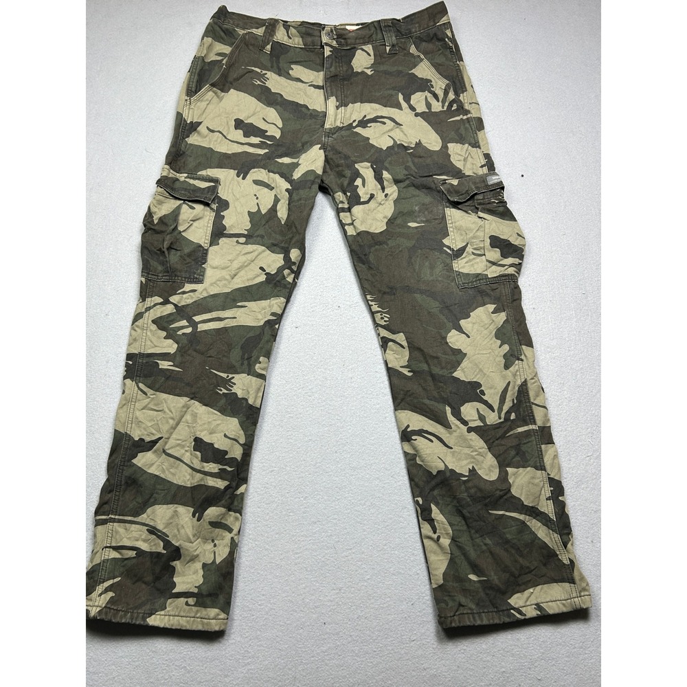 Wrangler Cargo Pants Cotton Fleece Lined Camo Green Brown 35x29 Mens